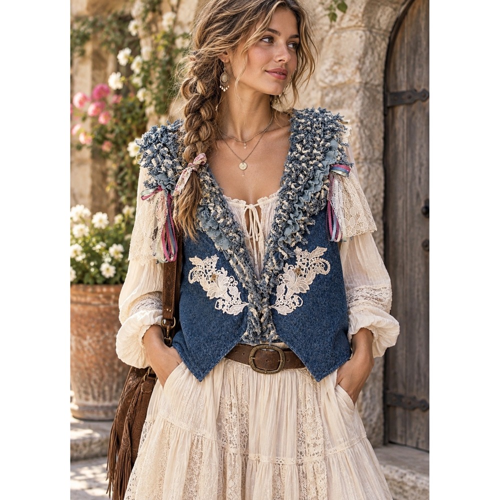 Handmade Artisan Denim Fringe Vest Art To Wear Shabby Chic Cottage Boho Lace L